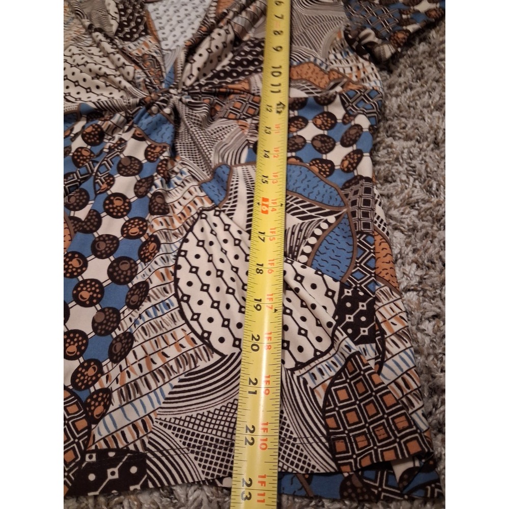 Y2K Geometric Print Knot Front Top M Brown Blue Collared Boho Stretch Blouse - Picture 9 of 9